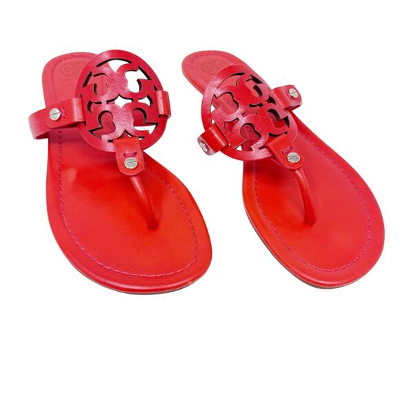 TORY BURCH Orange Red Samba Miller Logo Patent Leather Sandals Size 8.5 - Picture 4 of 11